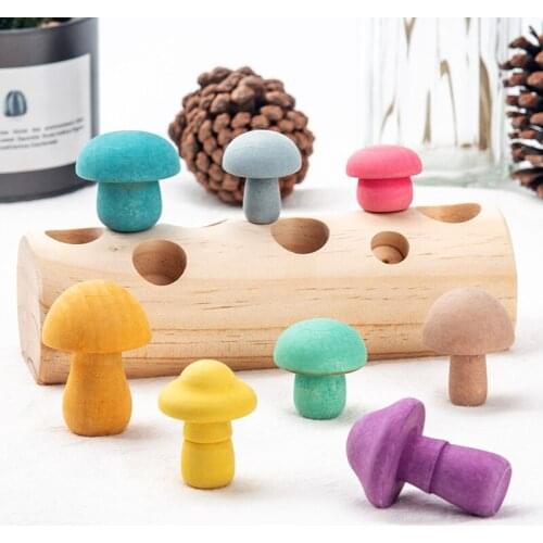Wooden Rainbow Blocks Kids Mushroom Picking Game Montessori Educational Wooden Toys Baby Shape Matching Fine Motor Skill Toys