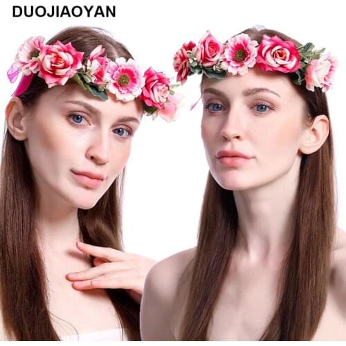 DUOJIAOYAN Bohemian Rose Red Flower Crown Girls Fabric Wreath Tiara Fabric Floral Garland Flower Headband
