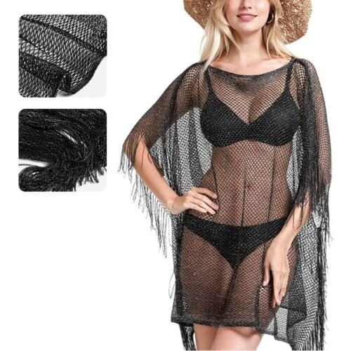 E56D Women Summer Batwing Sleeve Bikini Swimsuit Cover Up Shiny Metallic Fringe Tassel Beach Midi Dress Sexy Hollow Out Sheer