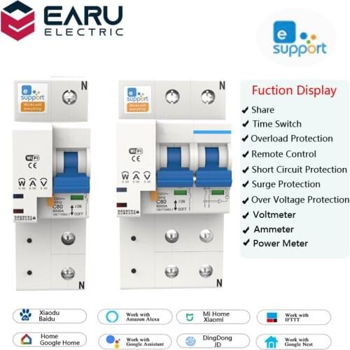 EWelink 1/2P 10-100A 220V Smart WIFI Circuit Breaker Switch Power Energy Consumption kWh Meter Voltmeter Ammeter Voltage Monitor