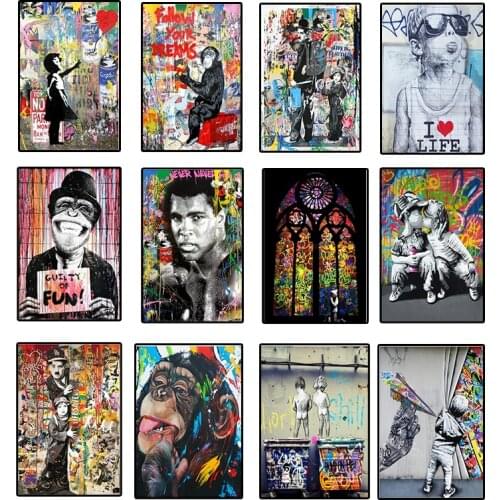 Art Posters on Canvases on House Walls, Abstract Images of Animals and People, Decorative Paintings with Graffiti