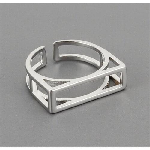 Korean Fashion Simple Design Rectangular Hollow Arch Bridge Geometric Smooth Opening Rings Silver Color Girl Women Party Jewelry