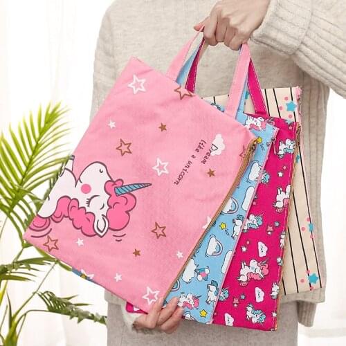 Kawaii School Pencil Case Creative Canvas Unicorn File Bag A4 Waterproof Portable Information Bag Office Stationery Storage Kpop