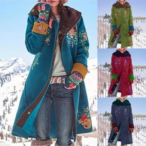Fashion Warm Woolen Coat Casual Ladies Loose Windproof Long Jacket Floral Print Coat Female Winter Long Sleeve Womens Outerwear