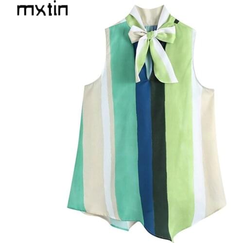 MXTIN 2021 Women Summer Vintage Stripe Print Blouses Bow Tied Collar Sleeveless Loose Female Shirts Chic Bluzki Tops