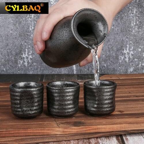 Chinese Handpainted Ceramics Pottery Wine Set 1 Sake Pot + 4 Sake Cups Handmade Chinese Tea Pot Pottery Porcelain Sake Cups Set