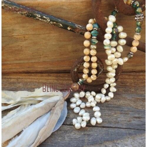 Boho Jewelry Set Pearl Beaded Sari Silk Tassel Necklace Beaded Stretch Bracelet Vintage Silk Necklace NM21000