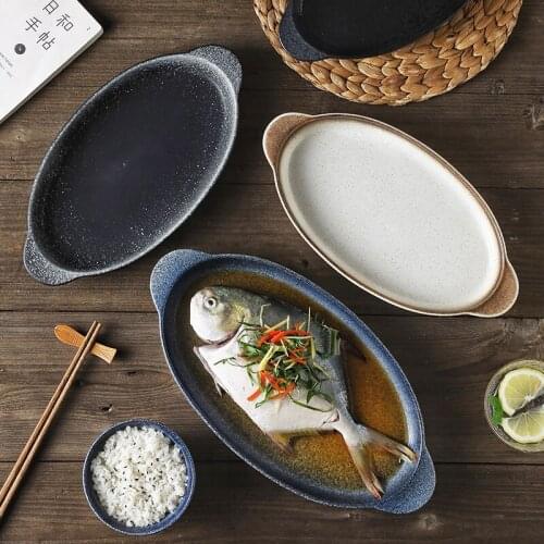 New Japanese ceramic double ear fish plate Steamed fish plate restaurant hotel fish plate household large dinner plates Solid