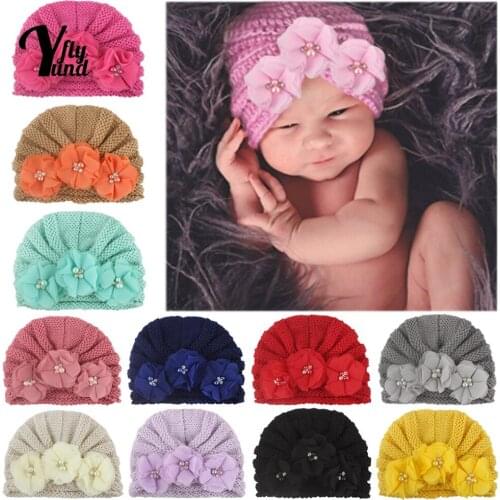 Yundfly Infant Solid Color Striped Knitting Wool Caps Hand Sewing Beads Flowers Newborn Hat Autumn and Winter Warm Kids Headwear