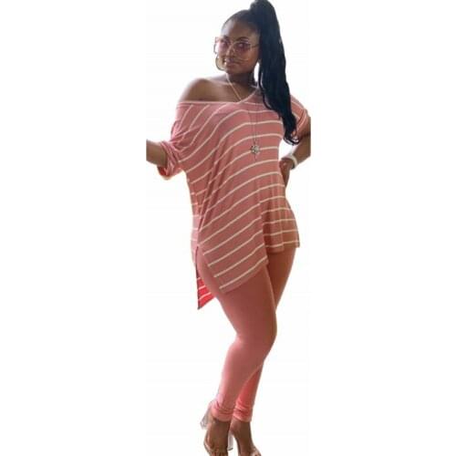 Casual Two Piece Sets Women V Neck Split Tops Skinny Pants Set Fashion Stripe Print 2 Pcs Set High Elastic Plus Size 3XL 4XL