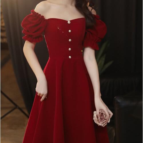 S-2XL Elegant Tea Party Puff Sleeve Strapless Slim Sexy Black Red Wedding Coctail Dresses Buttons Host Vestidos De Fiesta 9656
