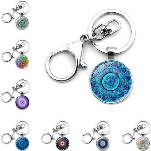 WG 1pc Mandala Cabochon Keychain Keyrings Time Gem&stone Pendant Metal Glass Ball Keyring Lobster Clasp Jewelry