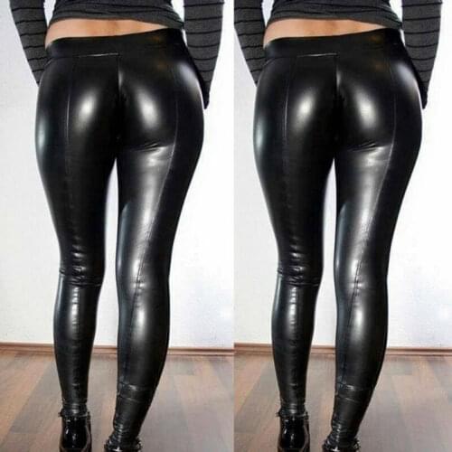 Women PU Leather Leggings Stretch Solid Color Casual Skinny High Waisted Pencil Trousers Daily Wear Plus Size