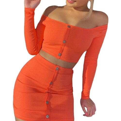 Summer Fashion Sexy Button Harajuku Short Sets One-shoulder Long-sleeved Short Skirt Womens Suit