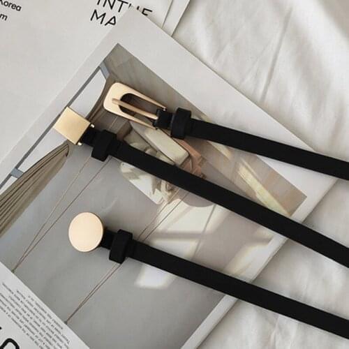 Women Simple Black Thin Waist Belt Korean Fashion Casual All-Match Pants Belt Metal Pin Buckle Waistband Adjustable Leather Belt