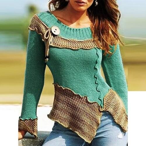 Vintage Sweater Women Knitted Long Sleeve Fashion Stitching 0-Neck Sweaters For Women Tops Fall Winter Clothes Woman Sweater 5XL