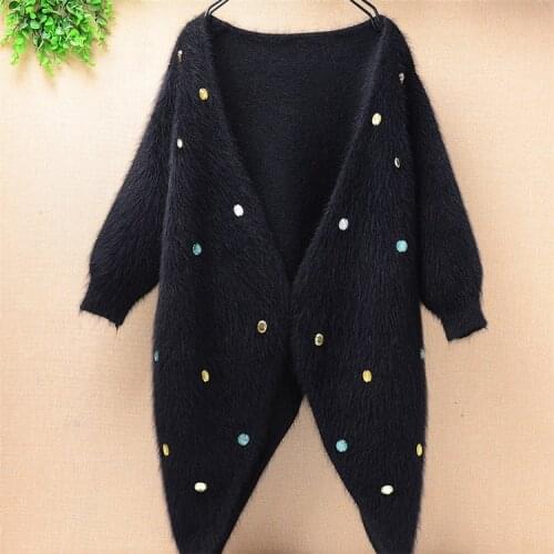 Ladies women black real mink cashmere sweater coat medium long angora rabbit fur half-sleeves beading cardigan sweater winter