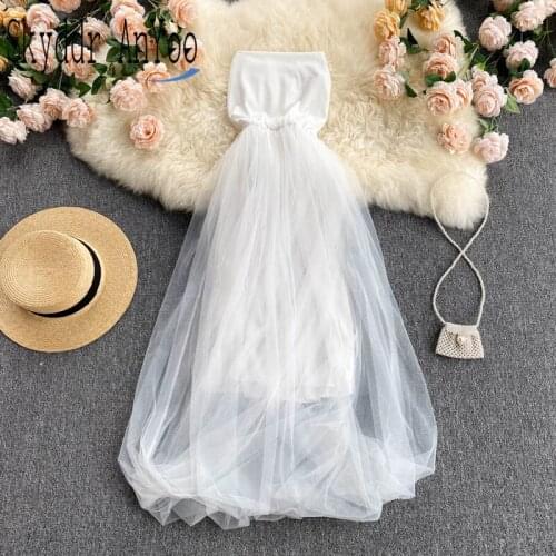 2021 Summer Women Sexy Party Dress Sleeveless Strapless Mesh Midi Long Dresses Femme Robe Elegant White Dress