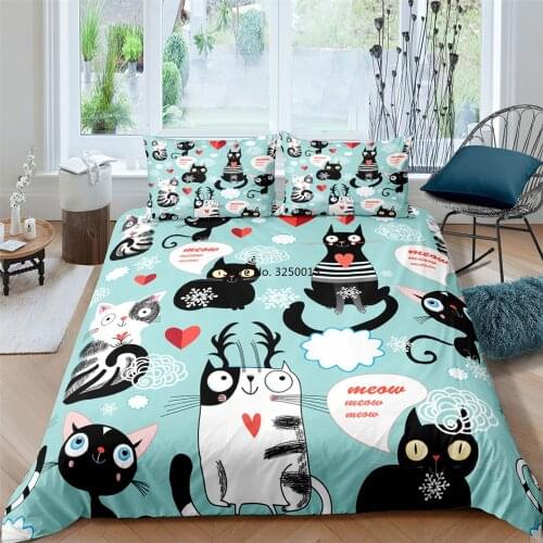 2/3Pcs Home Textile Cartoons Cute Cat Quilt Cover Duvet Cover Pillow Case Boy Girl Bedding Set King Queen Twin Size