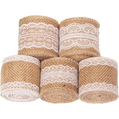 2M/Roll Width 5cm Jute Burlap Rolls Hessian Ribbon with Lace Vintage Rustic Wedding Decoration Ornament Party Favors Supplies