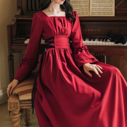 2020 new fashion womens clothing autumn Square Collar Full Mid-Calf Vintage Dresses