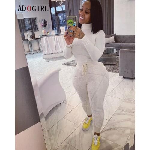Adogirl Women Warm Tracksuits Long Sleeve Turtleneck Top + Teddy Cashmere Pants 2 Two Piece Set Outfits Winter Suit Plus Size