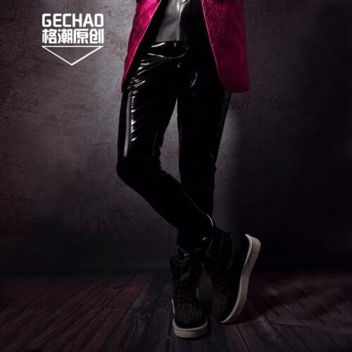 Bar Nightclub DJDS Stage Black PU Patent Leather Slim Pants Hairdresser Rock Big Singer Performance Costume
