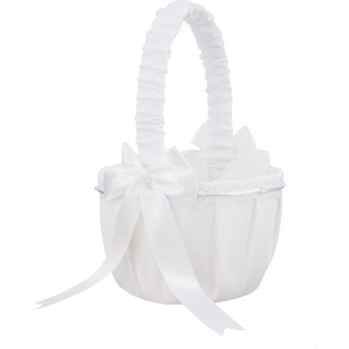 White Satin Bowknot Lace Trim Flower Girl Basket For Wedding Ceremony Garden Supply