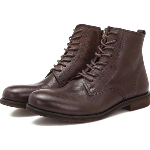 Mid-top zip-up and lace-up Martin boots Korean style casual hand-rubbed vintage Brown leather boots