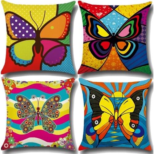 Color Butterfly Cushion Cover Cotton Linen Decorative Pillowcase Chair Seat Square 45x45cm Pillow Cover Home Living Textile