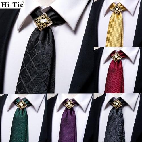 Hi-Tie Gift Men Tie Black Glod Solid Silk Wedding Tie For Men Hanky Cufflink Ring Set Fashion Design Business Party Dropshipping