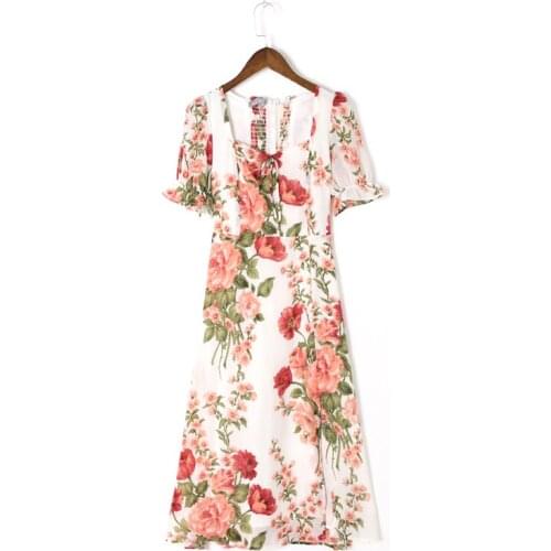 Summer Womens Casual Flower Printed Square Collar Short Sleeve Bowknot Decorated Split Slim Dress