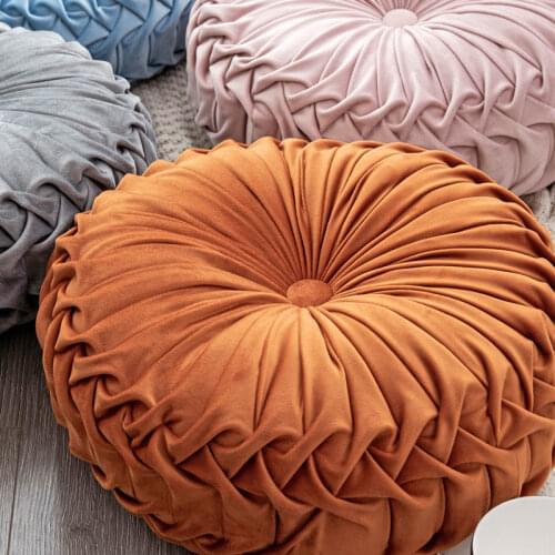 Fashion Nordic Luxury Velvet Round Pillow Cushion Handmade Pleated Wheel Pumpkin Seat Cushion Home Sofa Decor Wheel Futon Pouf