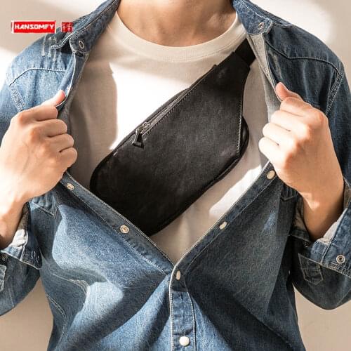 Genuine Leather Mens Chest Bag Korean Ultra-Thin Shoulder Bag Soft Top Layer Cowhide Crossbody Pouch packs Black Color