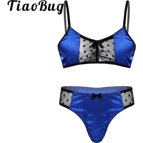 Mens Satin Sexy Lingerie Suit Sissy Nightwear Sheer Mesh Patchwork Adjustable Spaghetti Strap Hot Bra Tops with Thongs Briefs