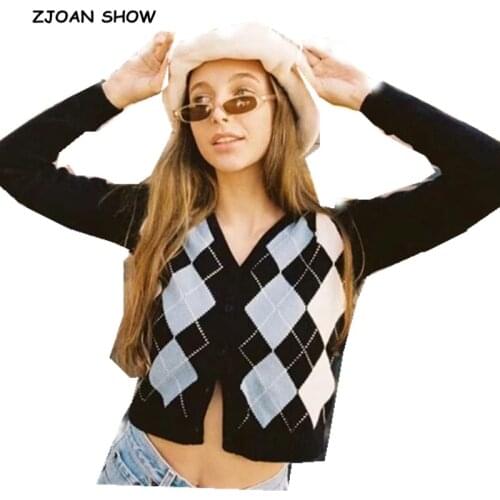 2019 Autumn New Vintage Rhombic Plaid Single Breasted Button Cardigan Sweater Woman V-neck Long Sleeve Jumper Knitwear