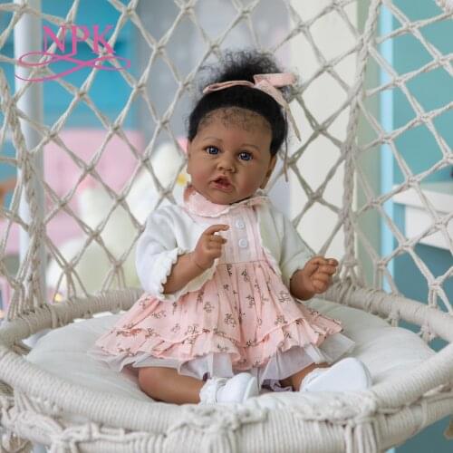 NPK 56CM Soft Body Reborn Toddler Saskia in Dark Brown Skin Color African American Cuddly Baby Girl Doll Hand-rooted hair