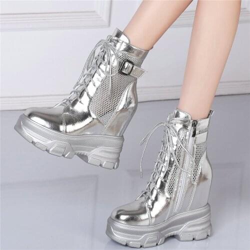 High Top Casual Shoes Women Genuine Leather Wedges High Heel Motorcycle Boots Female Lace Up Summer Round Toe Fashion Sneakers