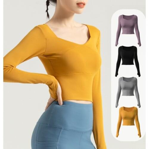 Long Sleeve Yoga Shirt Womens Open Navel Fitness Sports Crop Top New Summer Gym Activewear Breathable Running Workout Clothes