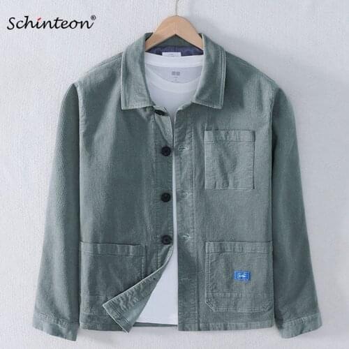 Schinteon Men Corduary Jacket Three Front Pockets Spring Loose Outwear Casual Top Turn-down Collar Coat High Quality New
