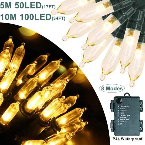 LED Pointed Bulb String Lights AA Battery Xmas Tree Hanging Ornaments 8 Modes Waterproof Fairy Lights Holiday Lights 50/100 LED