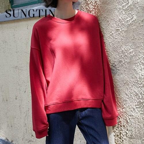 Sungtin Korean Solid Oversized Sweatshirts Women Loose Casual Tops Green O Neck BF Pullovers Streetwear Harajuku Fashion Spring