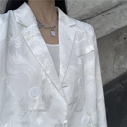 Luck A Gothic Vintage Women Jacket Long Sleeve Retro Thin Blazer For Female Fashion Chinese Dragon Print Jacket White Outwears