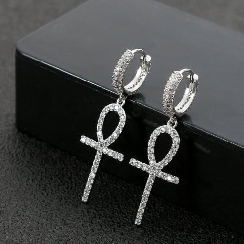 Hip Hop 1Pair Iced Out Zircon Ankh Cross Earring Sliver Color Micro Paved 3A Bling CZ Stone Stud Earrings for Men Jewelry Korean