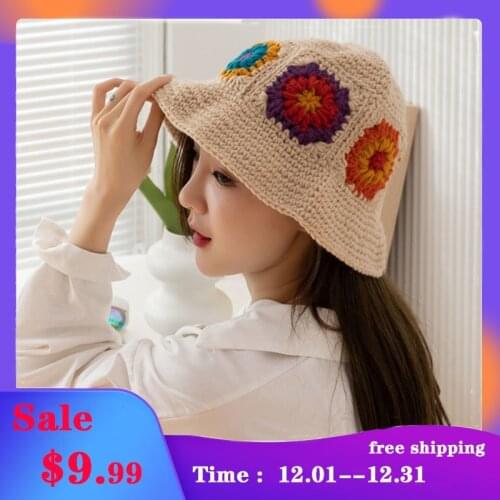 Women Hollow Flower Knitted Fisherman Hat Handmade Crochet Color Matching Basin Hat Spring and Summer Sunscreen Sun Hat