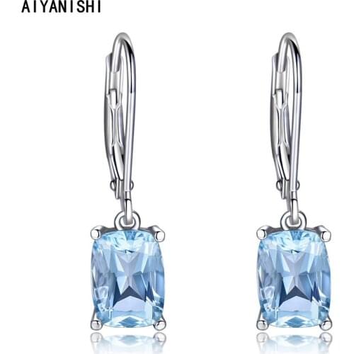 AIYANISHI 100% Real 925 Sterling Silver Earrings Jewelry Women Fashion Blue Topaz Hoop Drop Earrings Gift for Girls Teens Lady
