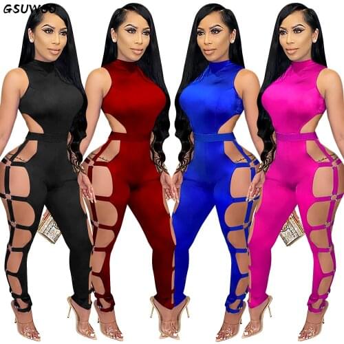 Gsuwoo Fitness Workout Rompers Sexy Sleeveless Hollow Out Backless Night Party Clubwear Jumpsuit Women Outfit One Piece Overalls