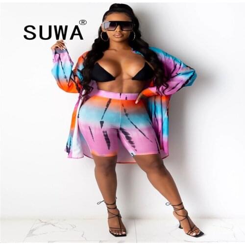 Women Sets Clothes Long Sleeve Turn-down Collar Blouses&Short Pants 2piece Set Women Loose Tie Dye Fashion Conjunto De Mujer