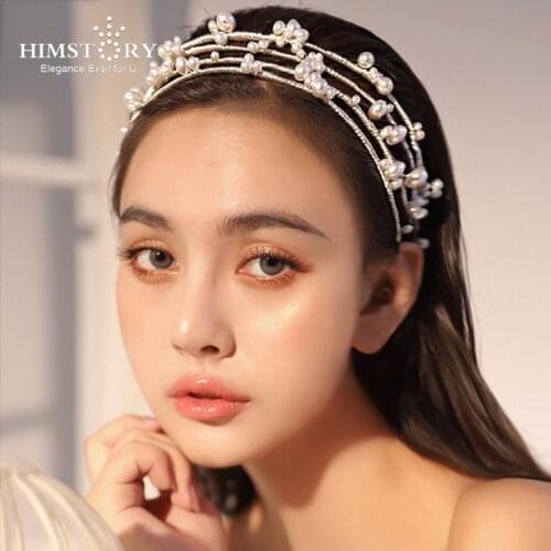 HIMSTORY White Pearl Bridal Hairbands Multi-layer Wedding Crown Headband For Bride Hair Jewelry Pearl Wedding Hair Accessories