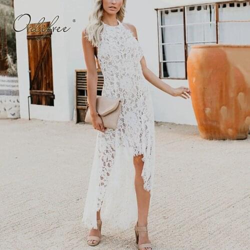 Ordifree 2021 Summer Elegant Women Long Party Dress Sleeveless Halter Off Shoulder Black White Lace Maxi Night Dress